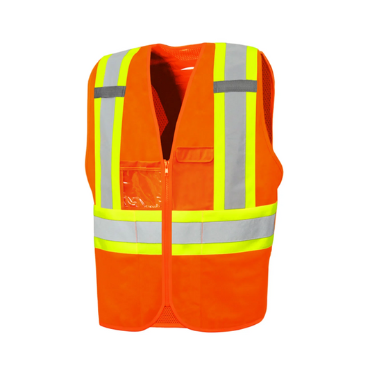 Solid Front/Mesh Back High Visibility Safety Vest with Zipper, 4" Reflective Tape, 8 Pockets