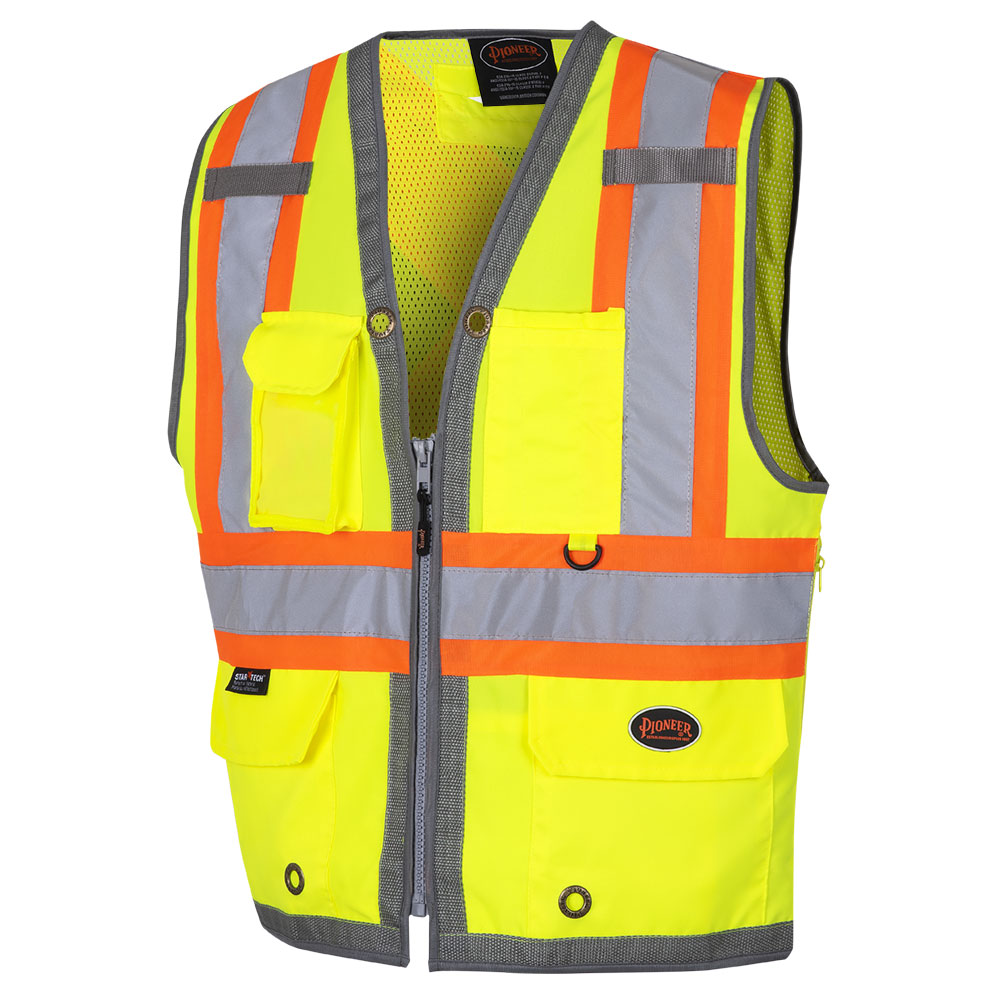 Pioneer 6673 Hi-Vis Mesh Back Zip-Front Surveyor's Vest, Yellow/Green