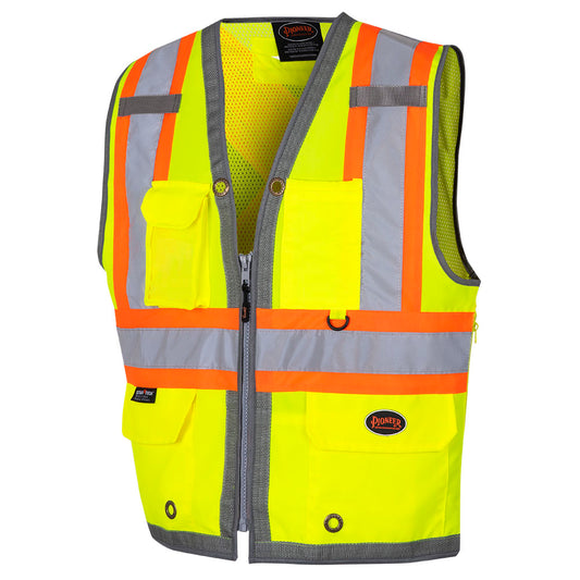 Pioneer 6673 Hi-Vis Mesh Back Zip-Front Surveyor's Vest, Yellow/Green