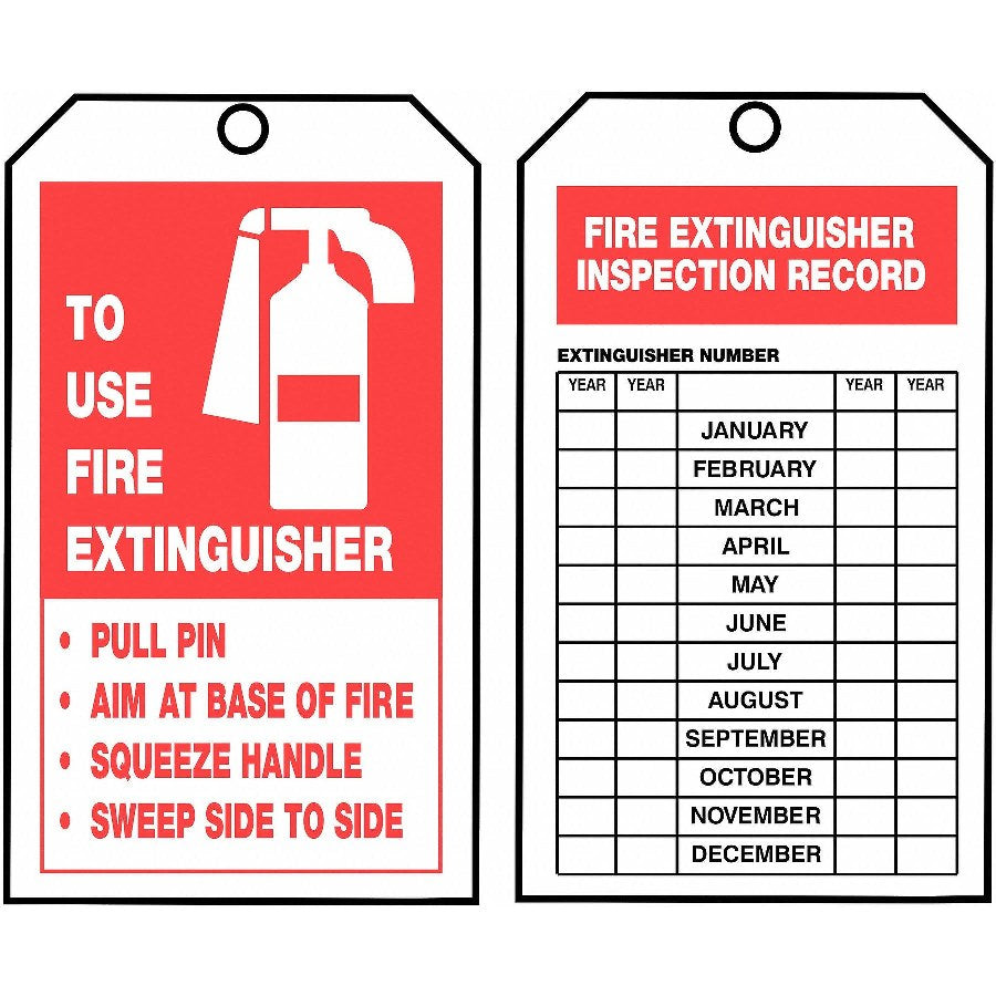 "Fire Extinguisher Instructions"- Inspection and Status Record Tag