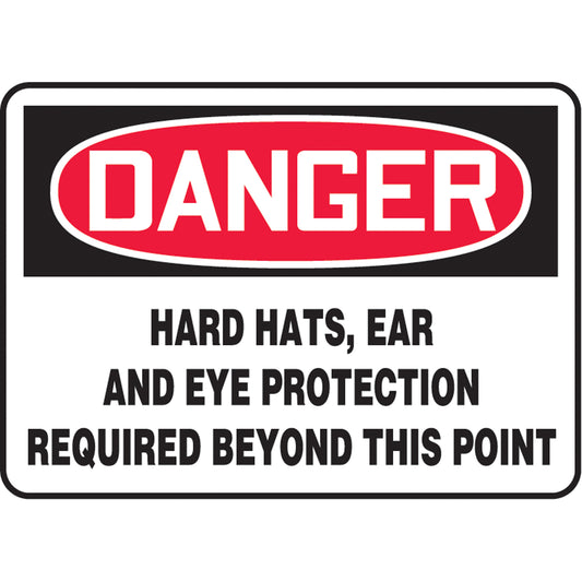"Hard Hat, Ear, and Eye Protection Required Beyond This Point" -OSHA Danger Safety Sign