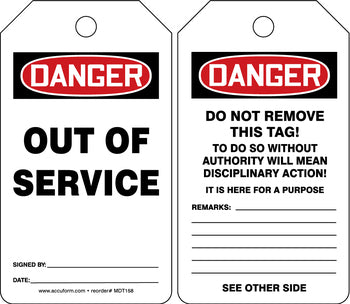"Out of Service" - OSHA Danger Equipment Status Tag