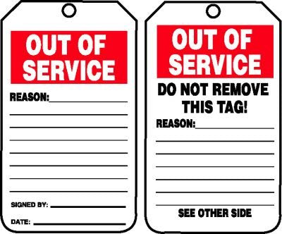 "Out Of Service"- Inspection and Status Record Tag