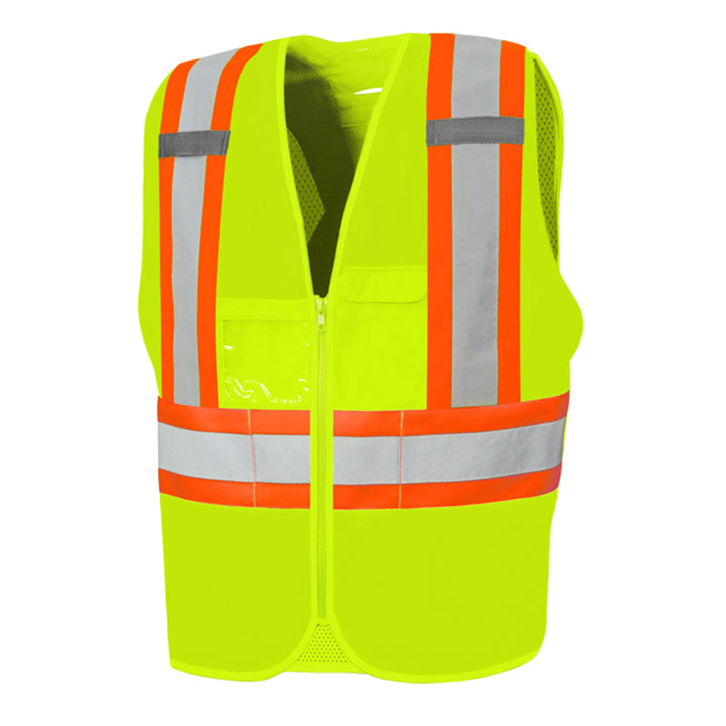High Visibility Traffic Vest w/ Zipper, 4" Reflective Tape, 8 Pockets