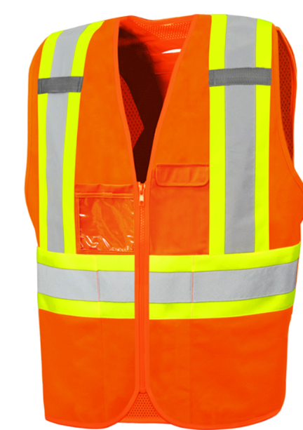 High Visibility Traffic Vest w/ Zipper, 4" Reflective Tape, 8 Pockets