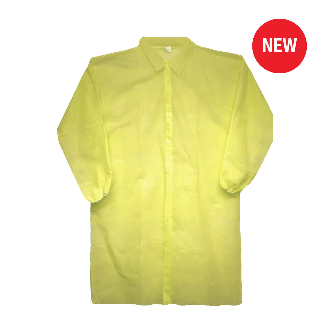 RONCO Care Disposable PP Lab Coat with Velcro Closure - Yellow (Case of 50) - supplynow.ca