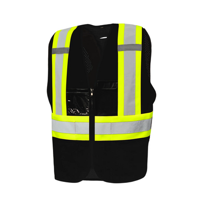 Solid Front/Mesh Back High Visibility Safety Vest with Zipper, 4" Reflective Tape, 8 Pockets