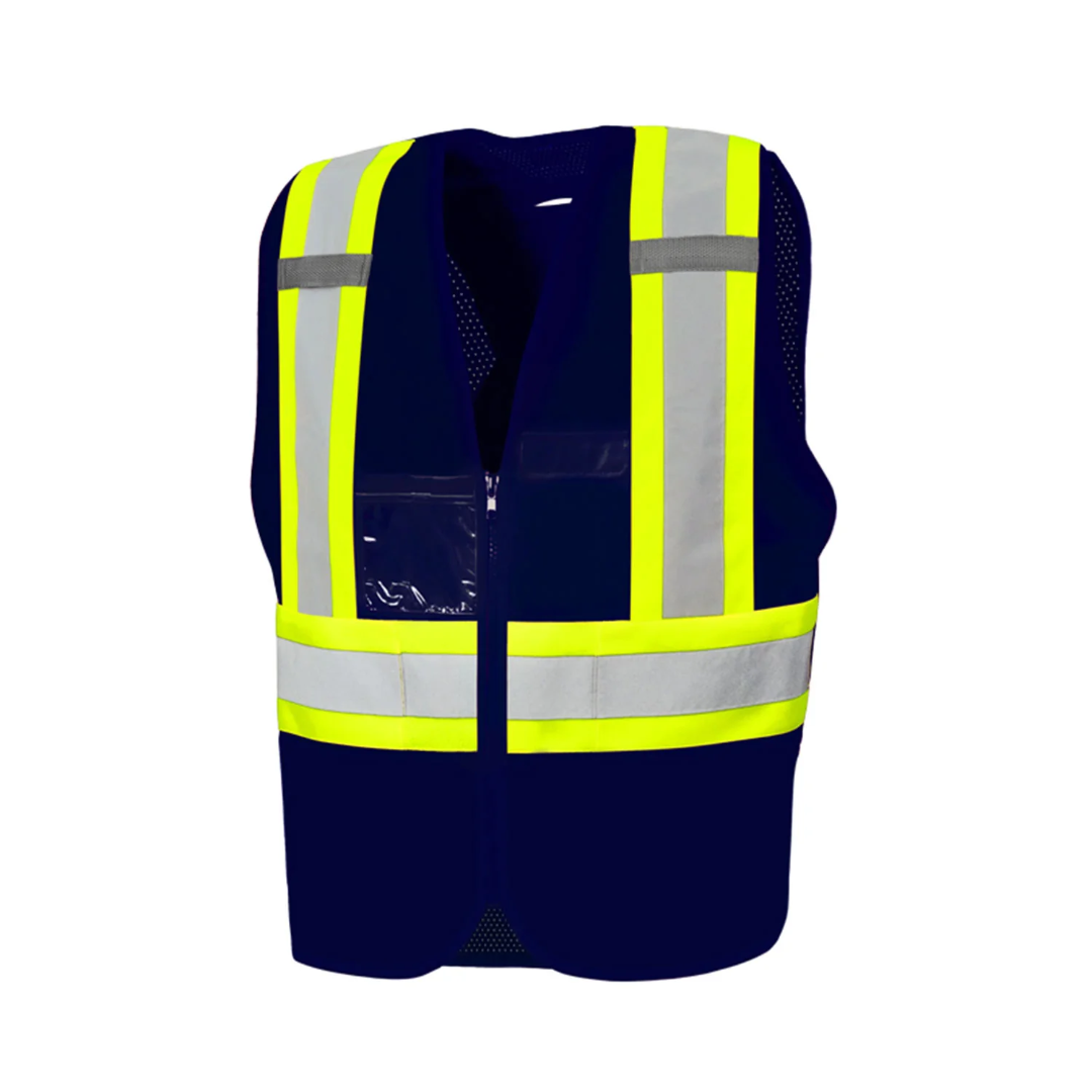 Solid Front/Mesh Back High Visibility Safety Vest with Zipper, 4" Reflective Tape, 8 Pockets
