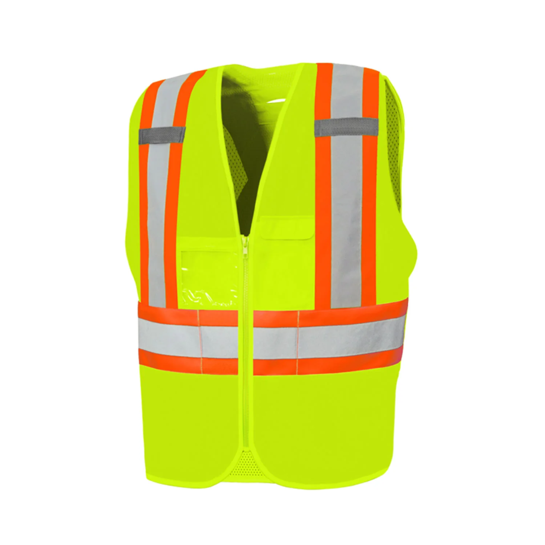 Solid Front/Mesh Back High Visibility Safety Vest with Zipper, 4" Reflective Tape, 8 Pockets