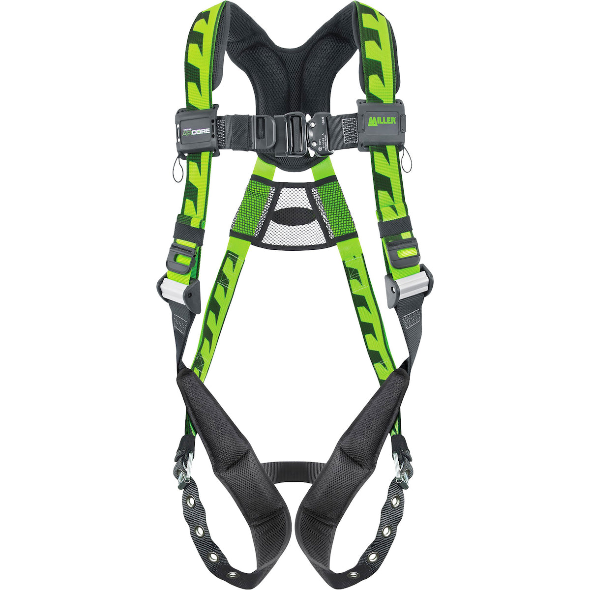 Miller ACA-TB Premium Breathable Full-Body Harness, with Lightweight Aluminum Hardware, 5 Points of Adjustment, with Back D-Ring, and Quick-Connect Chest Buckle & Tongue Leg Buckles Green Fall Protection