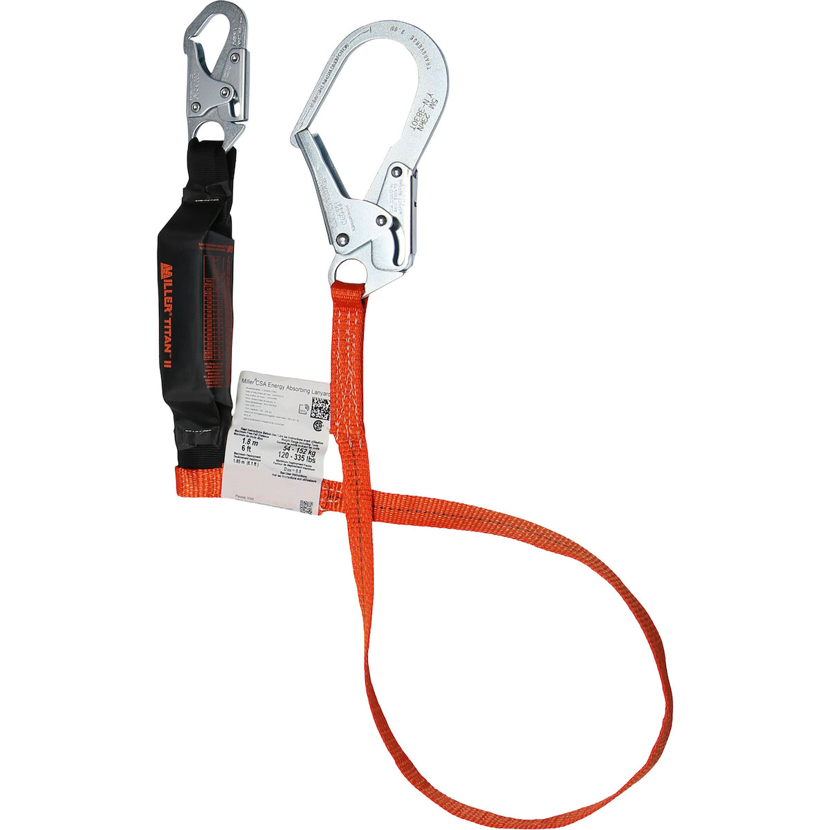 Miller T1SSSR Pack-Type Shock-Absorbing Web Lanyard, Single-Leg, with Locking Snap Hook and Large Locking Rebar Hook Orange Fall Protection
