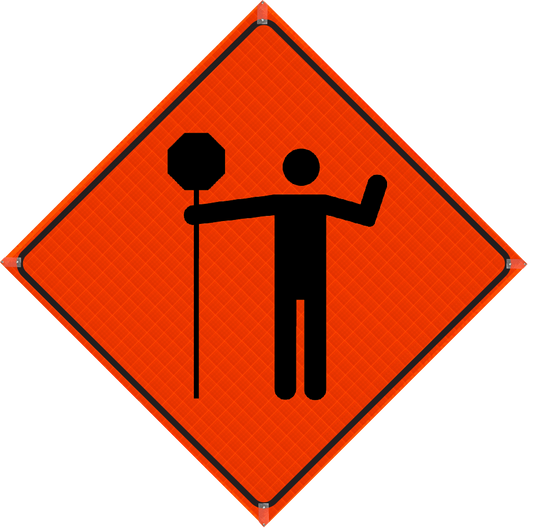 Plasticade Canada Traffic Control Person Ahead (T-21) Roll-Up Traffic Sign 36" x 36" (91.44cm x 91.44cm) - MUTCD Canada compliant portable construction zone sign - supplynow.ca