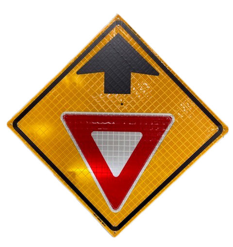 Plasticade Canada Yellow Yield Overlay (WB-1A) Roll-Up Traffic Sign 36" x 36" (91.44cm x 91.44cm) - MUTCD Canada compliant portable construction zone sign - supplynow.ca