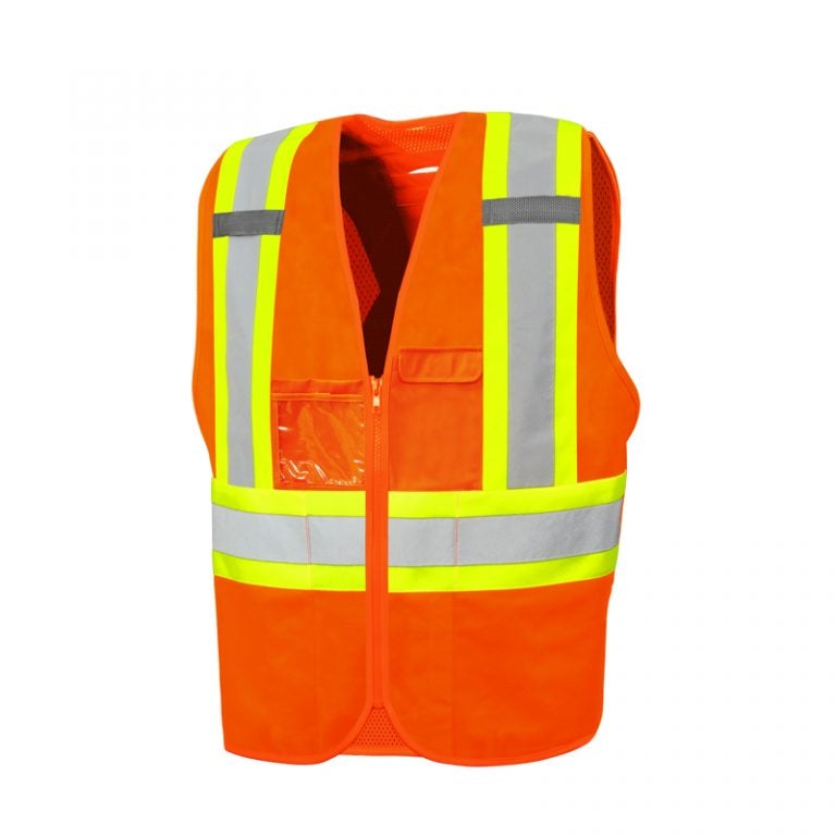 Solid FrontMesh Back Traffic Vest with Zipper 4 Reflective Tape 8 Pockets Orange Small-57Y4102