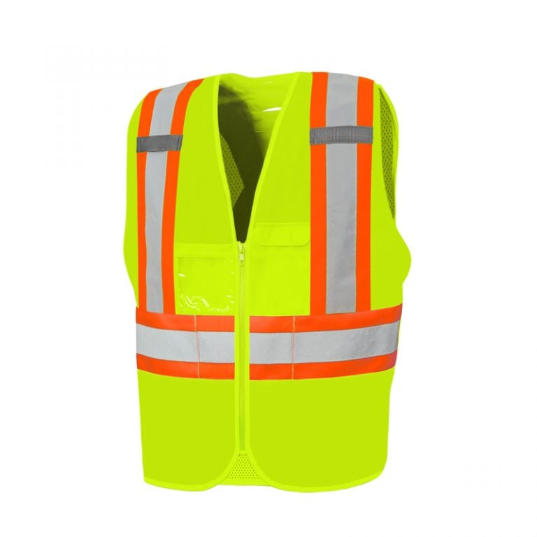 Solid Front/Mesh Back High Visibility Safety Vest with Zipper, 4" Reflective Tape, 8 Pockets