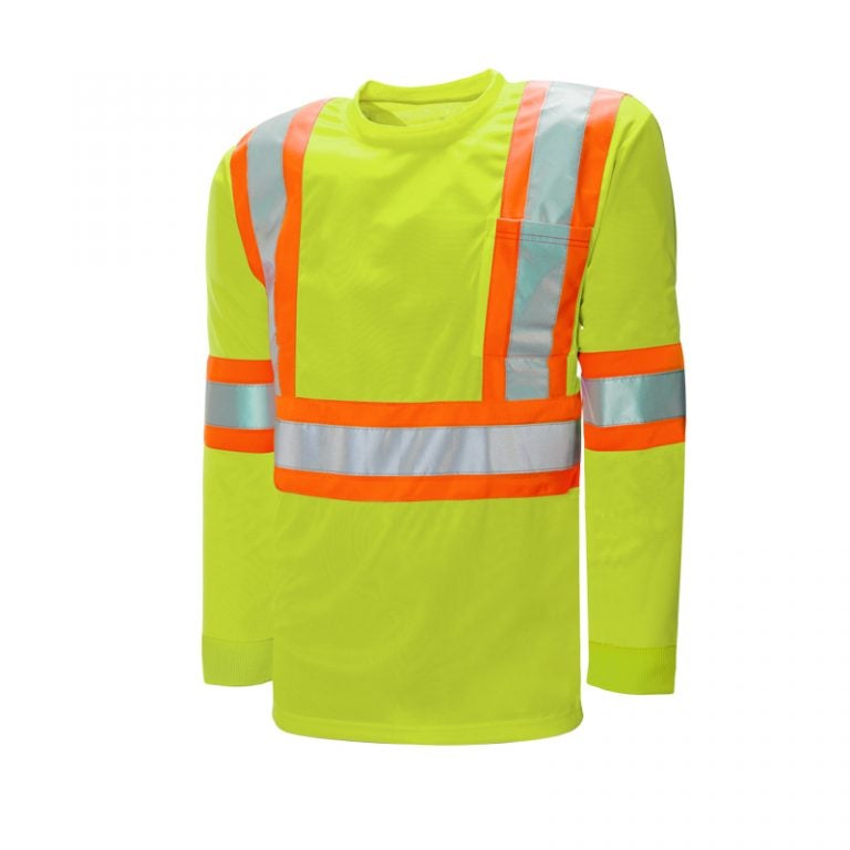 High Visibility Safety T-Shirt, Long Sleeve with Rib Cuff, Cotton, 4" Reflective Tape