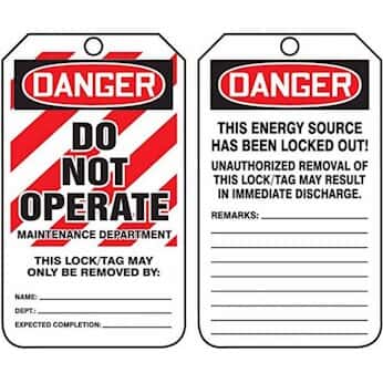 "Do Not Operate Maintenance Department"-Lockout Tag