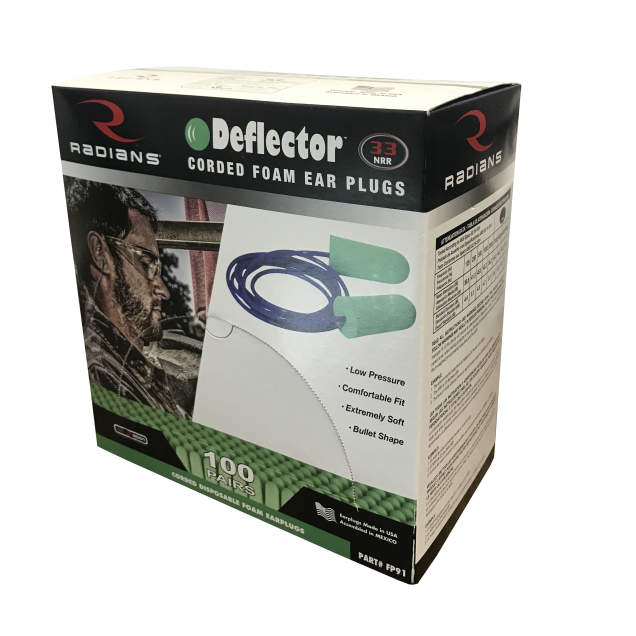 Deflector Disposable Foam Earplugs, NRR 33, Corded Box of 100
