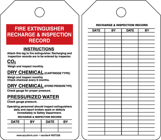 Fire Extinguisher Recharge and Inspection"- Inspection and Status Record Tag