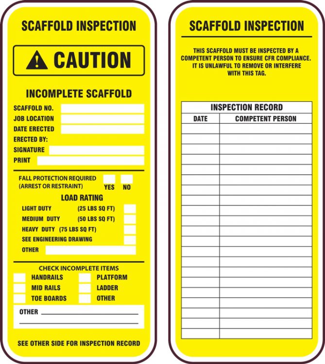 "Caution Incomplete Scaffold"- Scaffold Status Tag (For Inspection Kit 'TSS302')