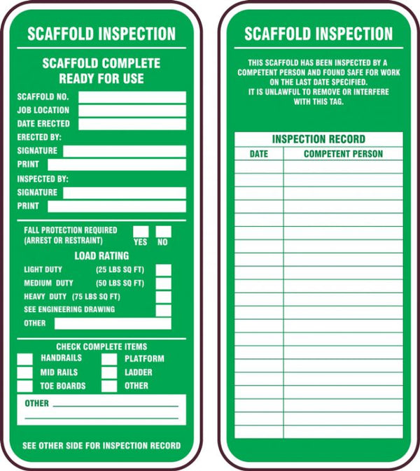 "Scaffold Complete Ready For Use"- Scaffold Status Tag (For Inspection Kit 'TSS302')