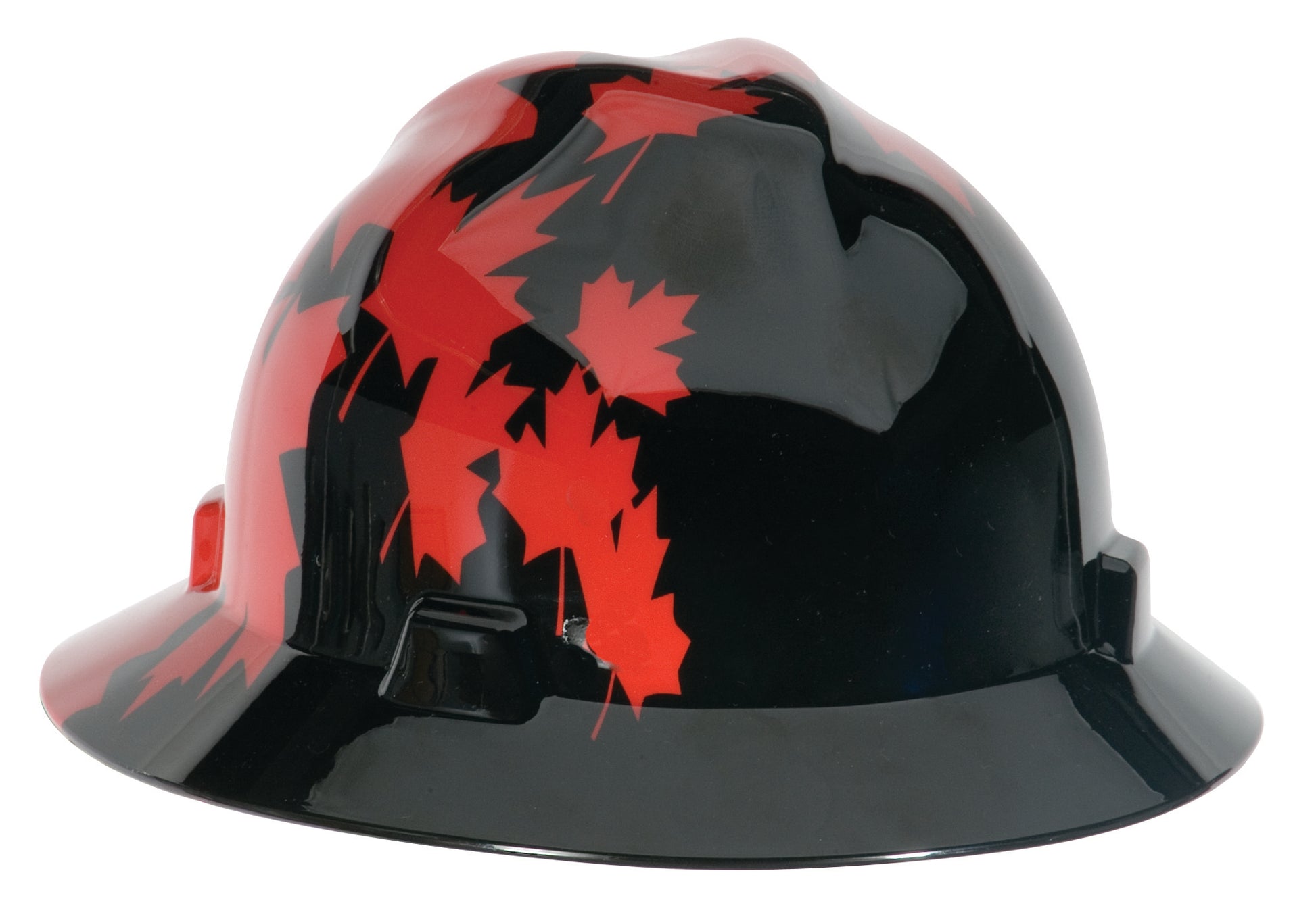 Msa 10082235 V-Gard Hard Hat Front Brim With Ratchet Suspension, Standard, Black W/ Red Maple Leaf